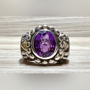 Vintage Designer Signed BJC Sterling Silver & 18K Gold Amethyst Ring, Size 6